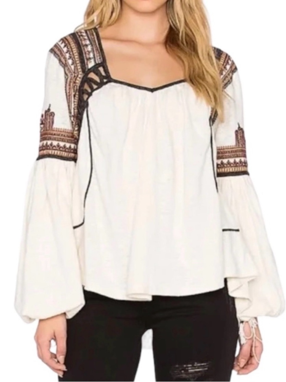 Free People Cream Snow Kisses - Boho Embroidered Tunic with Black Trim - Picture 2 of 14